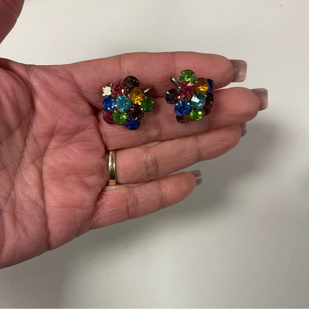 1930’s Multi Color Faceted Crystal Cluster Screw back Earrings
